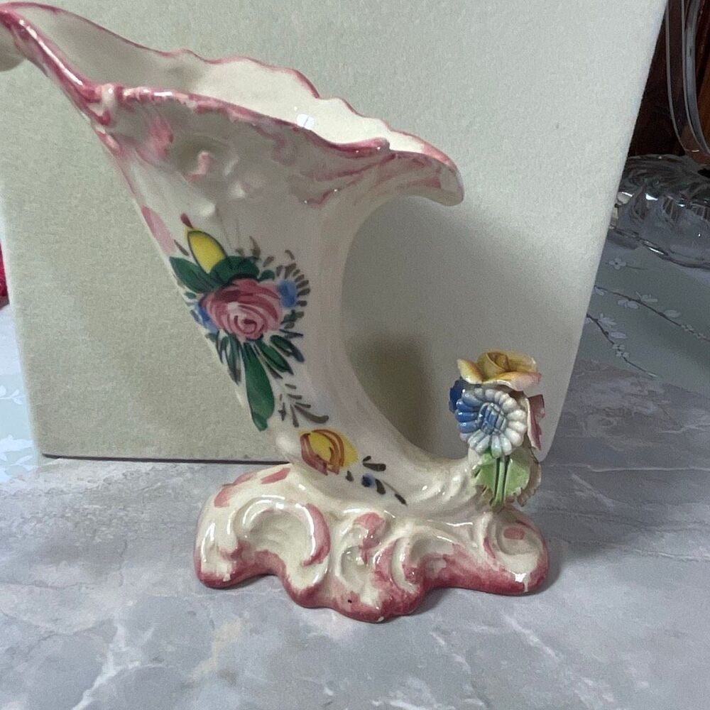 Vintage Italian ceramic cornucopia vase applied flowers hand painted.
